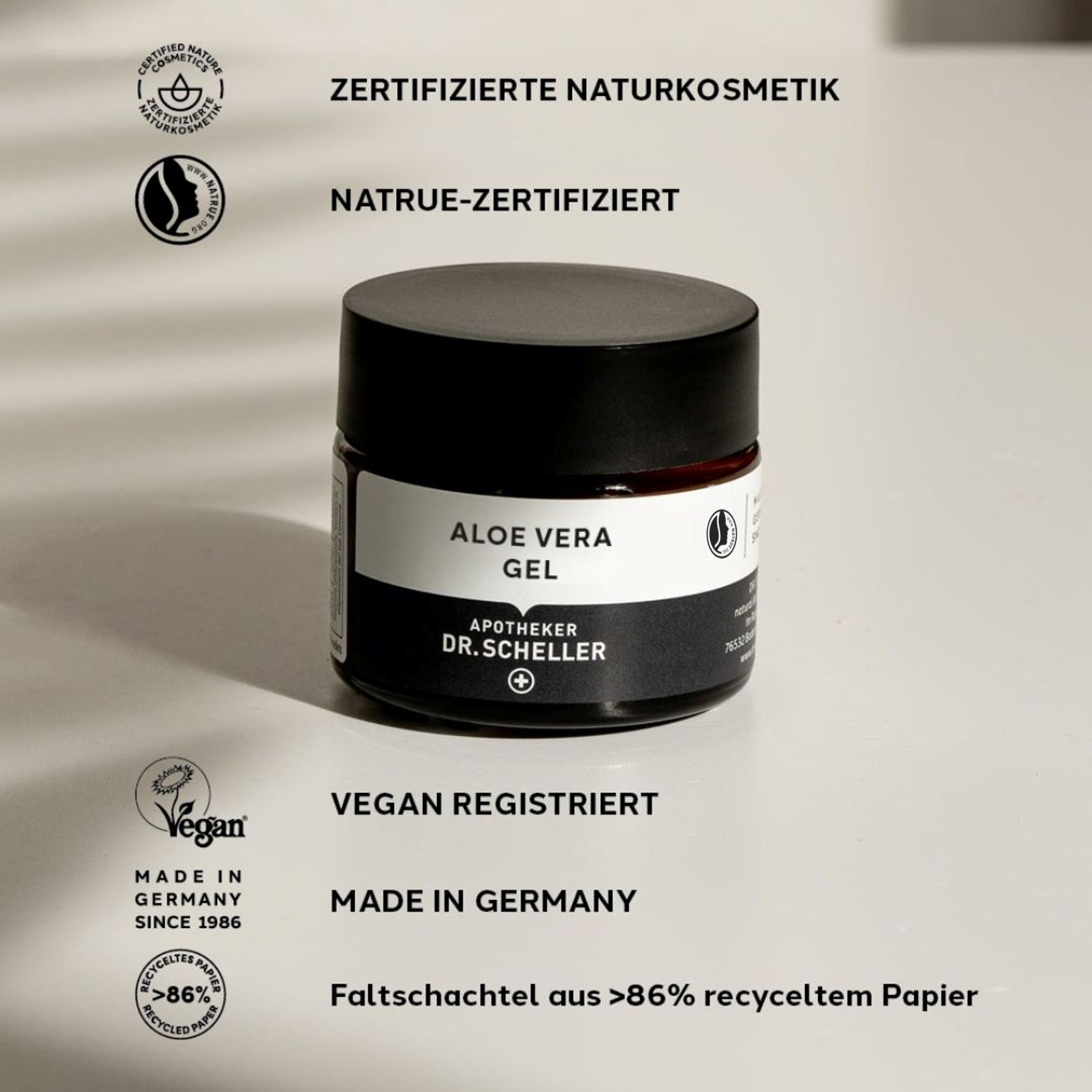 Siegel Auflistung von Vegan und Naturkosmetik von dem Aloe Vera Gel 